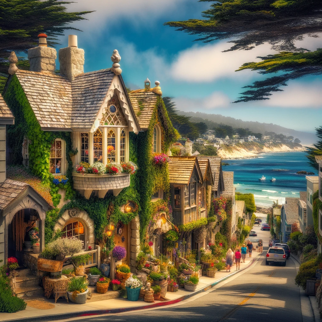 A scenic view of Carmel's coastal town, featuring whimsical cottages with colorful flowers and ivy, a bustling street with locals and visitors, and a serene ocean background under a clear blue sky.