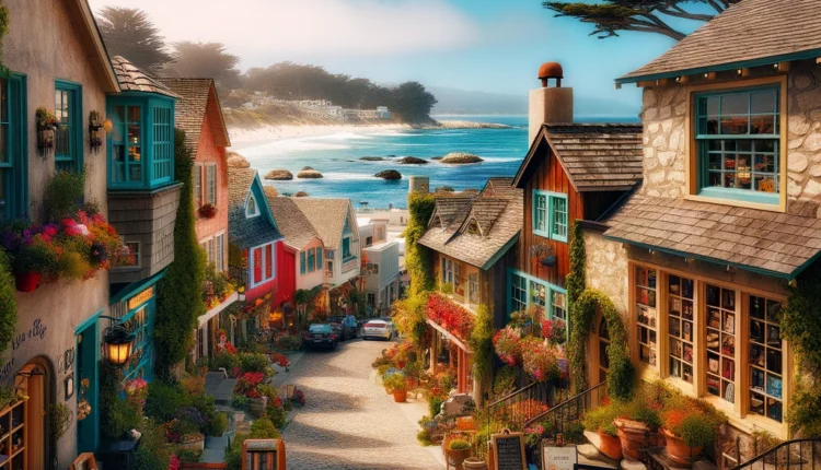 A vibrant scene of Carmel-by-the-Sea with colorful cottages, a hidden bookstore, and the Pacific Ocean in the background.