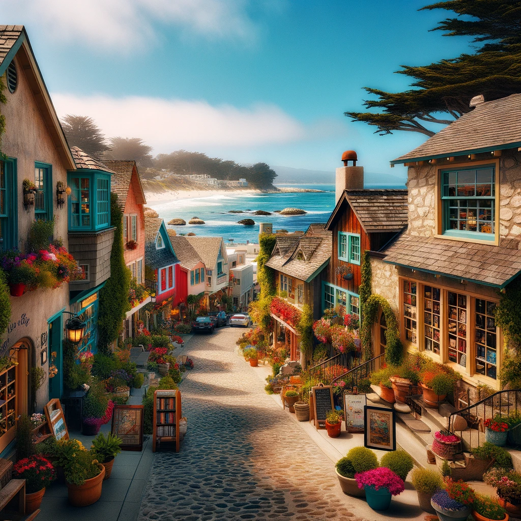 A vibrant scene of Carmel-by-the-Sea with colorful cottages, a hidden bookstore, and the Pacific Ocean in the background.