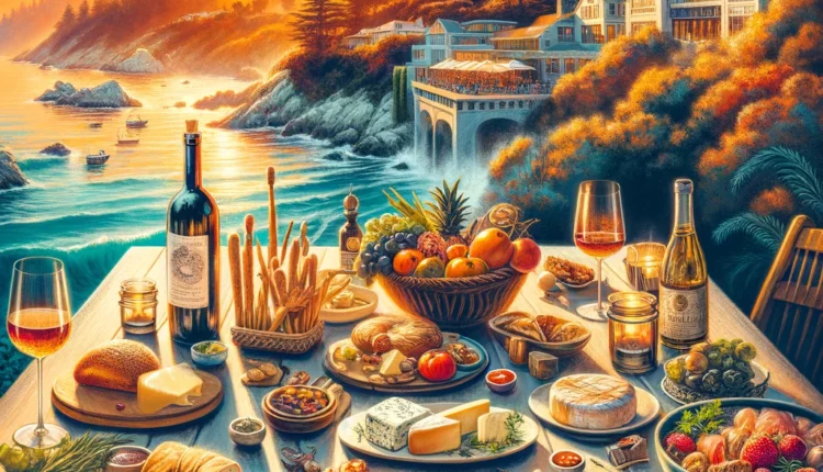 An inviting outdoor dining scene with a variety of local Carmel delicacies on a table, overlooking scenic landscapes at sunset.