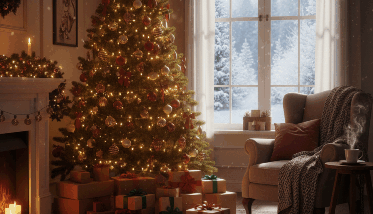 holiday living room with moving boxes